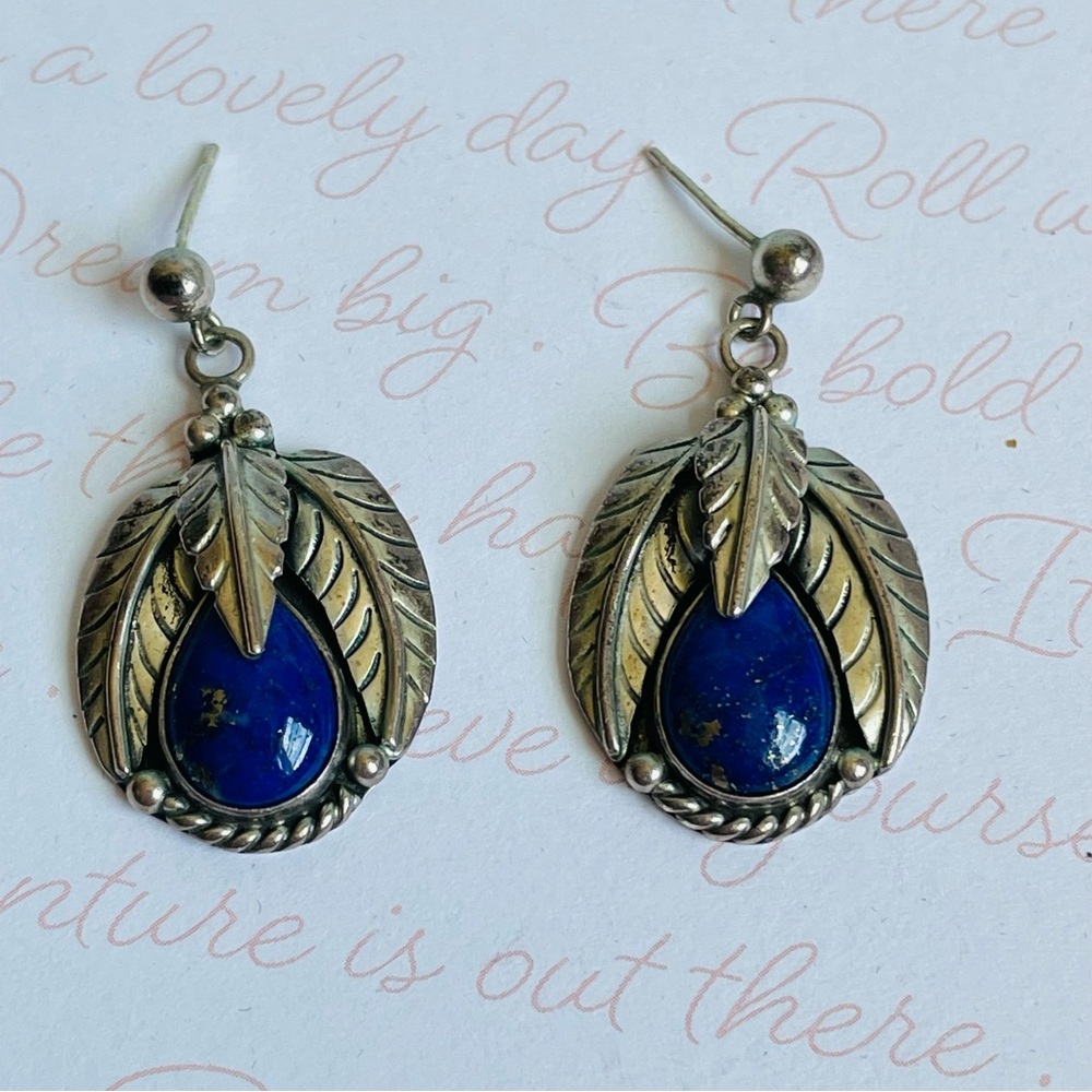 Vintage Sterling Stamped Lapis Leaf Teardrop Drop Pierced Earrings